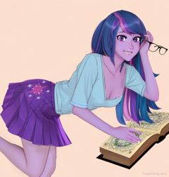 Size: 704x736 | Tagged: safe, artist:voldarian, twilight sparkle, human, equestria girls, g4, book, breasts, cleavage, clothes, cutie mark on clothes, female, glasses, simple background, solo