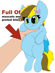 Size: 2208x2928 | Tagged: safe, artist:pegamutt, oc, oc only, oc:lucky bolt, pegasus, pony, belly, bow, colored wings, commission, cute, food baby, full, funny, hair bow, hand, holding a pony, implied stuffing, meme, round belly, simple background, smol, solo, stuffed belly, transparent background, two toned wings, wings, ych result