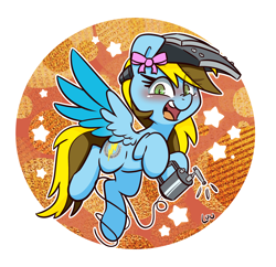 Size: 2120x2048 | Tagged: safe, artist:lou, oc, oc only, oc:lucky bolt, pegasus, pony, bow, colored wings, commission, female, flying, hair bow, happy, looking at you, solo, spread wings, sticker, two toned wings, welding, wings