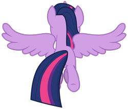 Size: 1704x1453 | Tagged: safe, anonymous artist, twilight sparkle, alicorn, pony, g4, uprooted, .svg available, female, flying, horn, mare, multicolored hair, multicolored mane, multicolored tail, rear view, simple background, solo, spread wings, tail, transparent background, twilight sparkle (alicorn), underhoof, vector, wings