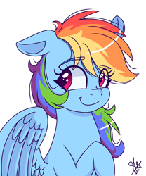 Size: 1708x2048 | Tagged: safe, artist:galaxy swirl, rainbow dash, pegasus, pony, g4, bust, cute, dashabetes, eye clipping through hair, eyebrows, eyebrows visible through hair, female, mare, one ear down, partially open wings, raised hoof, signature, simple background, smiling, solo, white background, wings