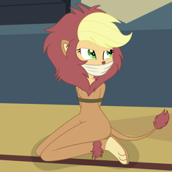 Size: 2000x2000 | Tagged: safe, artist:nie-martw-sie-o-mnie, part of a set, applejack, human, equestria girls, g4, scare master, animal costume, applelion, applesub, bondage, bound and gagged, cloth gag, clothes, costume, female, femsub, gag, halloween, halloween costume, kneeling, nightmare night costume, rope, rope bondage, solo, submissive