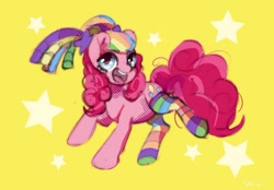 Size: 1280x889 | Tagged: safe, artist:shpoof, pinkie pie, earth pony, pony, g4, clothes, female, mare, open mouth, open smile, pink coat, rainbow socks, simple background, smiling, socks, solo, stars, striped socks, yellow background