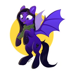 Size: 1232x1280 | Tagged: safe, artist:shpoof, oc, oc only, pony, bat wings, black hair, clothes, purple coat, rearing, scarf, simple background, smiling, white background, wings