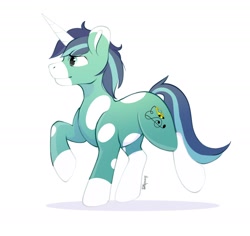 Size: 1280x1208 | Tagged: safe, artist:shpoof, oc, oc only, pony, unicorn, blue mane, blue tail, coat markings, colored eartips, colored horn, colored pinnae, green coat, horn, male, mottled coat, shadow, simple background, socks (coat markings), solo, stallion, stallion oc, tail, unicorn oc, white background, white horn, white muzzle