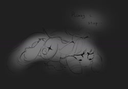 Size: 1280x889 | Tagged: safe, artist:shpoof, oc, oc only, pony, dialogue, female, looking down, lying down, mare, prone, sad, solo, text