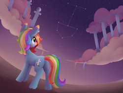 Size: 2484x1892 | Tagged: safe, artist:dusthiel, oc, oc only, oc:rainbow palette, earth pony, pony, g4, rainbow falls, :o, butt, cloud, cloudsdale, colored eartips, column, constellation, earth pony oc, female, full body, high res, looking in the distance, mare, multicolored hair, night, night sky, open mouth, outdoors, plot, rainbow ears, rainbow eyes, rainbow hair, rainbow muzzle, rainbow tail, sky, solo, spade, standing, starry sky, stars, tail