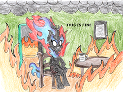 Size: 1450x1082 | Tagged: safe, artist:fleximusprime, kirin, nirik, atg 2024, fire, meme, mug, newbie artist training grounds, this is fine, traditional art