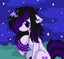 Size: 1200x1104 | Tagged: artist needed, oc name needed, source needed, safe, oc, oc only, body freckles, clothes, ear freckles, ear piercing, earring, emo, emo hair, eyelashes, female, floppy ears, freckles, frown, jewelry, leg freckles, leg warmers, night, outdoors, piercing, purple eyes, raised hoof, scene, shiny eyes, shiny mane, sitting, solo, striped leg warmers, tail, two toned mane, two toned tail, white coat