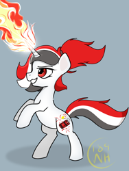 Size: 1140x1515 | Tagged: safe, artist:wh189, oc, oc only, oc:red rocket, pony, unicorn, fire, horn, magic, ponytail, pyrokinesis, signature, solo