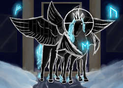 Size: 1120x800 | Tagged: safe, artist:lucerna, alicorn, fanfic:death valley, eight legs, fanfic art, glowing, glowing eyes, horn, multiple horns, multiple wings, runes, snow, solo, tricorn, wings