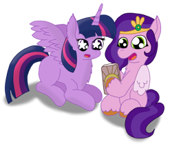 Size: 1280x1083 | Tagged: safe, artist:zeccy, pipp petals, twilight sparkle, alicorn, pegasus, pony, g4, g5, atg 2023, cellphone, duo, duo female, female, mare, newbie artist training grounds, open mouth, phone, pipp's phone, simple background, smartphone, starry eyes, transparent background, twilight sparkle (alicorn), wingding eyes