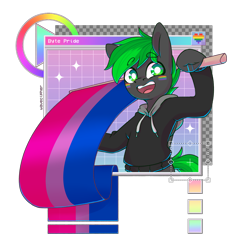 Size: 2328x2403 | Tagged: safe, artist:wavecipher, part of a set, oc, oc only, oc:bytewave, pegasus, pony, bisexual pride flag, clothes, commission, eyebrows, eyebrows visible through hair, gay pride flag, green eyes, green hair, grid, hoodie, looking at you, male, open mouth, pride, pride flag, simple background, smiling, smiling at you, solo, sparkles, stallion, transparent background, unshorn fetlocks, ych result