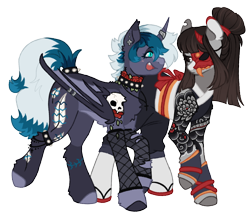 Size: 1148x1000 | Tagged: safe, artist:kazmuun, oc, oc only, oc:elizabat stormfeather, oc:ohasu, alicorn, bat pony, bat pony alicorn, earth pony, pony, alicorn oc, alternate hairstyle, anklet, bat pony oc, bat wings, belt, blushing, chest fluff, choker, clothes, commission, duo, duo female, ear fluff, ear piercing, earring, eyepatch, fangs, female, fishnet clothing, gauntlet, half mask, horn, horn ring, jewelry, kimono (clothing), looking at each other, looking at someone, mare, markings, mask, necklace, open mouth, piercing, ponytail, raised hoof, raised leg, redesign, ring, robe, samurai, sandals, simple background, socks, spiked choker, stockings, tattoo, thigh highs, transparent background, unshorn fetlocks, wall of tags, wing piercing, wings