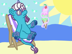 Size: 1600x1200 | Tagged: safe, artist:mintwhistle, comet (g5), auroricorn, bird, classical unicorn, pony, g5, atg 2024, beach, beach chair, chair, cloven hooves, coat markings, colored hooves, food, frown, glasses, glowing, glowing horn, hooves, horn, hot, ice cream, ice cream cone, leonine tail, magic, magic aura, male, medibang paint, missing cutie mark, newbie artist training grounds, no pupils, ocean, relaxing, sitting, solo, sparkles, sparkly mane, sparkly tail, stallion, summer, sun, tail, telekinesis, unshorn fetlocks, water