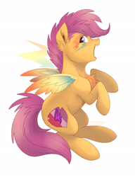 Size: 1575x2048 | Tagged: safe, artist:vixymix101, scootaloo, pegasus, pony, g4, blaze (coat marking), chest fluff, coat markings, colored, colored belly, colored wings, cute, cutealoo, ear fluff, eyelashes, face paint, facial markings, female, flight trail, lightning mark, looking back, mare, multicolored wings, open mouth, open smile, orange coat, painted wings, profile, purple eyes, purple mane, purple tail, rearing, simple background, small wings, smiling, solo, spread wings, tail, teenage scootaloo, teeth, tongue out, watermark, white background, wingding eyes, wings