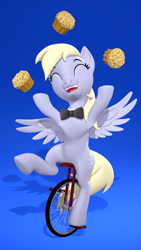 Size: 2160x3840 | Tagged: safe, artist:owlpirate, derpy hooves, pegasus, pony, g4, 3d, 4k, bowtie, eyes closed, female, food, gradient background, high res, juggling, mare, muffin, open mouth, open smile, smiling, solo, source filmmaker, unicycle
