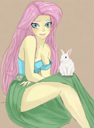 Size: 600x814 | Tagged: safe, artist:voldarian, angel bunny, fluttershy, human, rabbit, equestria girls, g4, animal, breasts, clothes, cutie mark on clothes, female, sexy, stupid sexy fluttershy