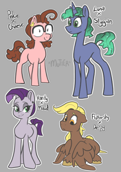 Size: 3212x4572 | Tagged: safe, artist:smirk, oc, oc only, unnamed oc, earth pony, pegasus, unicorn, g4, big glasses, blank flank, blonde mane, blonde tail, blue coat, brown coat, brown hooves, brown mane, brown tail, colored eyebrows, colored hooves, crack shipping, curly mane, curly tail, derp, dot eyes, ear piercing, earring, earth pony oc, freckles, glasses, gradient mane, gradient tail, gray background, green eyes, green mane, green tail, hooves, horn, jewelry, lidded eyes, long legs, lying down, magical lesbian spawn, no catchlights, offspring, orange eyes, outline, parent:cheese sandwich, parent:derpy hooves, parent:fluttershy, parent:maud pie, parent:pinkie pie, parent:princess luna, parent:rarity, parent:stygian, parents:cheesepie, parents:derpyshy, parents:rarimaud, parents:styuna, pegasus oc, physique difference, piercing, pink coat, prone, purple coat, purple mane, purple tail, shipping, short, simple background, smiling, sparkly mane, sparkly tail, tail, tall, thin, unicorn horn, unicorn oc, unshorn fetlocks, wall of tags, wings, wings down, yellow mane, yellow tail