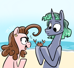 Size: 2796x2591 | Tagged: safe, artist:smirk, oc, oc only, oc:curlicue, oc:stalwart, crab, beach, duo, ear piercing, freckles, glasses, ocean, offspring, parent:cheese sandwich, parent:pinkie pie, parent:princess luna, parent:stygian, piercing, water