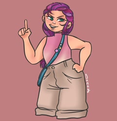 Size: 1940x2009 | Tagged: safe, artist:m00nbunz, sunny starscout, human, g5, clothes, female, hand on hip, humanized, light skin, open mouth, raised finger, satchel, shorts, simple background, solo, sunny's bag, tank top