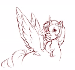 Size: 1783x1659 | Tagged: safe, artist:m00nbunz, sunny starscout, alicorn, pony, g5, my little pony: a new generation, female, horn, mare, monochrome, open mouth, open smile, race swap, simple background, sketch, smiling, solo, spread wings, sunnycorn, tail, white background, wings