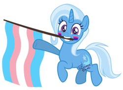 Size: 1381x1009 | Tagged: safe, artist:katnekobase, artist:yeetmedownthestairs, trixie, pony, unicorn, g4, base used, bisexual pride flag, commission, cute, diatrixes, face paint, female, grin, horn, mare, mouth hold, pride, pride flag, pride month, simple background, smiling, solo, trans female, trans trixie, transgender, transgender pride flag, transparent background, ych result