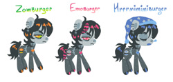 Size: 741x352 | Tagged: safe, artist:emobricosss, part of a set, oc, oc only, oc:zomburger, earth pony, pony, undead, zombie, zombie pony, ahoge, alternate color palette, alternate eye color, bags under eyes, black mane, black tail, blue mouth, coat markings, colored hooves, colored mouth, colored muzzle, colored pinnae, colored pupils, colored sclera, coontails, cross earring, dyed mane, ear piercing, earring, emo, eyebrow slit, eyebrows, eyes closed, facial markings, female, freckles, frown, gray coat, gray hooves, green sclera, hat, heart, heart mark, hooves, jewelry, lidded eyes, lineless, mare, narrowed eyes, nightcap, orange eyes, orange pupils, piercing, pink eyes, pink pupils, pink sclera, profile, shiny hooves, shiny mane, shiny tail, simple background, sleeping, snip (coat marking), snot bubble, solo, stitched body, tail, text, white background, wolf cut