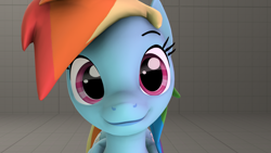 Size: 1920x1080 | Tagged: safe, artist:yelowcrom, rainbow dash, pegasus, pony, g4, 3d, eyebrows, female, folded wings, looking at you, mare, raised eyebrow, smiling, smiling at you, solo, source filmmaker, stage.bsp, wings