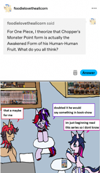 Size: 1176x2023 | Tagged: safe, artist:ask-luciavampire, oc, earth pony, pony, unicorn, anime, ask, horn, manga, one piece, tumblr