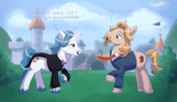 Size: 3452x2000 | Tagged: safe, artist:bkiltersot, fancypants, jeff letrotski, earth pony, pony, unicorn, g4, bowing, canterlot, clothes, detailed background, dialogue, duo, duo male, facial hair, grass, high res, horn, magic, male, necktie, sky, stallion, suit, text, unshorn fetlocks