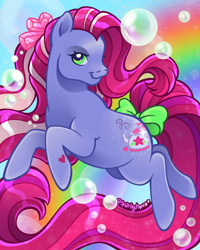 Size: 2160x2700 | Tagged: safe, artist:sparkytopia, rainbow bubbles, earth pony, pony, g3, bow, bubble, female, hoof heart, mare, pink mane, purple coat, rainbow, signature, solo, super long hair pony, tail, tail bow, underhoof
