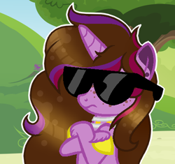 Size: 441x414 | Tagged: safe, artist:kathepart, oc, oc only, oc:kathepaint, unicorn, collar, freckles, glasses, horn, solo, sunglasses