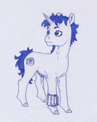 Size: 774x967 | Tagged: safe, artist:adeptus-monitus, oc, oc only, oc:littlepip, pony, unicorn, fallout equestria, horn, monochrome, pipbuck, solo, traditional art