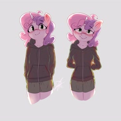 Size: 4000x4000 | Tagged: safe, alternate character, alternate version, artist:potato22, sweetie belle, unicorn, anthro, g4, arm behind back, blushing, breasts, busty sweetie belle, clothes, female, gray background, hoodie, horn, looking at you, mare, older, older sweetie belle, shorts, simple background, smiling, smiling at you, solo