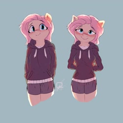Size: 4000x4000 | Tagged: safe, alternate character, alternate version, artist:potato22, oc, oc only, earth pony, anthro, arm behind back, blue background, blushing, breasts, clothes, female, hoodie, looking at you, mare, not fluttershy, shorts, simple background, smiling, smiling at you, solo