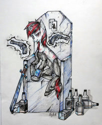 Size: 900x1098 | Tagged: safe, artist:enjaadjital, oc, oc only, oc:blackjack, cyborg, cyborg pony, pony, unicorn, fallout equestria, fallout equestria: project horizons, g4, alcohol, colored pencil drawing, cybernetic legs, drink, ear fluff, fanfic art, gradient background, gun, handgun, horn, level 2 (project horizons), magic, pipbuck, queen whiskey, revolver, scratches, signature, simple background, sitting, sword, telekinesis, throne, traditional art, unicorn oc, weapon, whiskey, white background