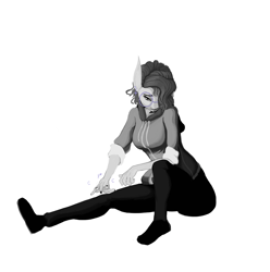 Size: 2480x2500 | Tagged: safe, artist:thelastenforcement, oc, oc only, oc:vylet, anthro, plantigrade anthro, black and white, clothes, glasses, grayscale, monochrome, simple background, sitting, solo, white background