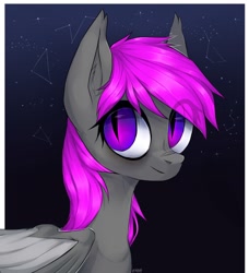 Size: 1166x1280 | Tagged: safe, artist:dethscript, oc, oc only, bat pony, pony, g4, bat pony oc, bat wings, bust, constellation, ear fluff, eye clipping through hair, female, looking at you, mare, night, pink mane, solo, stars, wings