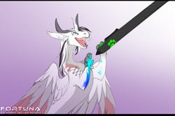 Size: 2351x1567 | Tagged: safe, artist:fortuna, oc, oc only, oc:yiazmat, draconequus, breaking the fourth wall, cute, draconequus oc, gradient background, horn, horns, male, paint, paw prints, paws, pen, solo, wings