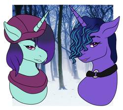 Size: 1344x1200 | Tagged: safe, artist:bluefinarts, evening cascade, onyx, pony, unicorn, g5, 2022, choker, clothes, duo, duo female, female, hat, horn, looking at you, mare, scarf, tongue out, tree