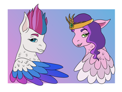 Size: 1600x1200 | Tagged: safe, artist:bluefinarts, pipp petals, zipp storm, pegasus, pony, g5, diadem, duo, duo female, female, floppy ears, gradient background, grin, jewelry, mare, open mouth, open smile, regalia, royal sisters (g5), siblings, sisters, smiling, wings