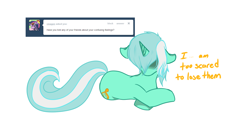 Size: 1280x597 | Tagged: safe, artist:azure-doodle, lyra heartstrings, pony, g4, ask, female, floppy ears, head down, hidden eyes, lying down, mare, prone, sexually confused lyra, simple background, solo, tumblr, white background