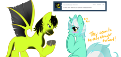 Size: 1280x597 | Tagged: safe, artist:azure-doodle, lyra heartstrings, oc, oc:tyro, dracony, dragon, hybrid, pony, g4, ask, blushing, canon x oc, duo, duo male and female, female, grin, looking at each other, looking at someone, male, mare, sexually confused lyra, simple background, smiling, smiling at each other, spread wings, stallion, straight, tumblr, white background, wings