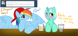 Size: 1280x597 | Tagged: safe, artist:azure-doodle, lyra heartstrings, rainbow dash, pony, g4, alcohol, ask, backwards ballcap, baseball cap, beer, beer mug, blushing, cap, duo, duo female, female, glass, glass of water, hat, lesbian, lyradash, mare, sexually confused lyra, shipping, simple background, tumblr, water, white background