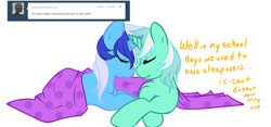 Size: 1280x597 | Tagged: safe, artist:azure-doodle, lyra heartstrings, minuette, pony, unicorn, g4, ask, blanket, eyes closed, female, horn, horns are touching, lesbian, lying down, lyrette, mare, prone, sexually confused lyra, shipping, simple background, smi, tumblr, under blanket, white background