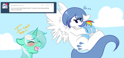 Size: 1280x597 | Tagged: safe, artist:azure-doodle, lyra heartstrings, rainbow dash, oc, oc:frigid drift, pegasus, pony, g4, ask, blushing, crush plush, duo, duo female, embarrassed, eye clipping through hair, eyes closed, female, floppy ears, furrowed brow, hug, implied lesbian, implied lyradash, implied shipping, mare, plushie, sexually confused lyra, tumblr