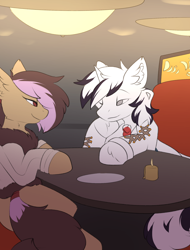 Size: 1850x2434 | Tagged: safe, artist:beardie, part of a set, oc, oc only, oc:ira, oc:yiazmat, draconequus, unicorn, candle, clothes, coat, couple, date, draconequus oc, duo, female, flirting, horn, lamp, male, restaurant, ship:irazmat, shipping, tail, unicorn oc