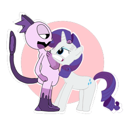 Size: 720x720 | Tagged: safe, artist:cooperthedoodlian, rarity, unicorn, g4, angry, cross-popping veins, doodland, emanata, female, flirting, hand on head, horn, klapto (doodland), male, mantisgirl, simple background