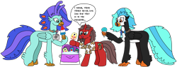 Size: 3138x1207 | Tagged: safe, artist:supahdonarudo, oc, oc only, oc:icebeak, oc:ironyoshi, oc:sea lilly, classical hippogriff, hippogriff, unicorn, atg 2024, camera, cooler, dialogue, food, holding, horn, ice, jewelry, necklace, newbie artist training grounds, popsicle, simple background, snow cone, speech bubble, spongebob squarepants, spongebob squarepants (character), text, tongue out, transparent background, trio